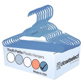 30 Pk Blue Youth Petite Plastic Hangers for Children Clothes Sizes 8 to 12, Petite, Preteen, Junior, 30 Pack (Waltz Blue)