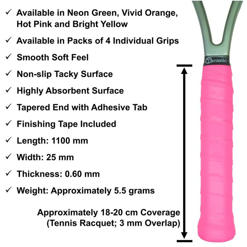 Tenletic GlowTack Racket Overgrip Tape – Hot Pink – 4-Pack