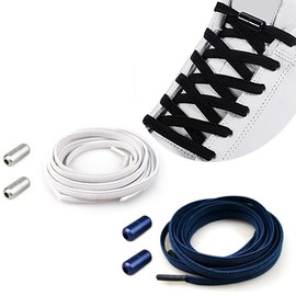 Elastic Shoelaces with Metal Capsule No Tie Rubber Shoe Laces with Quick Release / Rubber Laces Adjustable with Metal Closure, No Tie Shoelaces No More Tying Shoes for Children, 2 Pairs-White+Navy