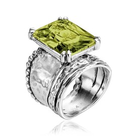 925 Sterling Silver Statement Ring with Octagon Shaped Cubic Zirconia - Hypoallergenic, Nickel & Lead-free - Artisan Handcrafted Designer Collection - Made In Israel - Peridot