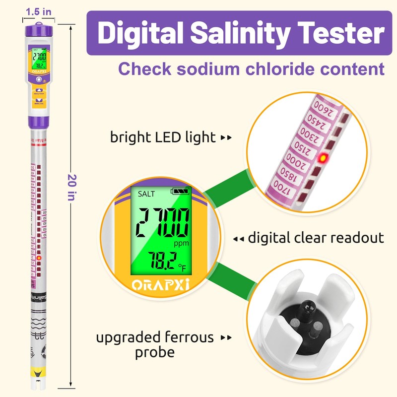 ORAPXI Salinity Meter | Extended Probe Pool Salt Tester |