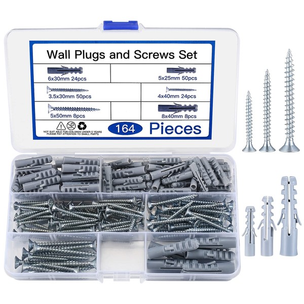 164 Pcs Screws and Wall Plugs Set(82 x Wall Raw Plugs, 82 x Plasterboard Fixings Screws), Masonry Brick Concrete Wall Fixings Self Drilling Screws and Wall Plugs Anchor Bolts, M3.5/M4/M5/M6/M8