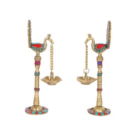 Two Moustaches Gemstone Work Peacock Design 9 Inches Brass Hanging Diya Pair, Brass Diyas for Decoration, Brass Oil Lamp, Brass Diya for Puja, Housewarming Gifts, Standard, Pack of 2