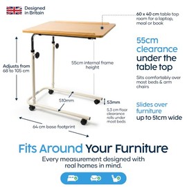 Eazy Overbed Table with Wheels, Adjustable height Bed Table for Laptop, Meals, and Elderly Care, Tilting Top with Raised Edges, Lockable Rolling Bed & Chair Table