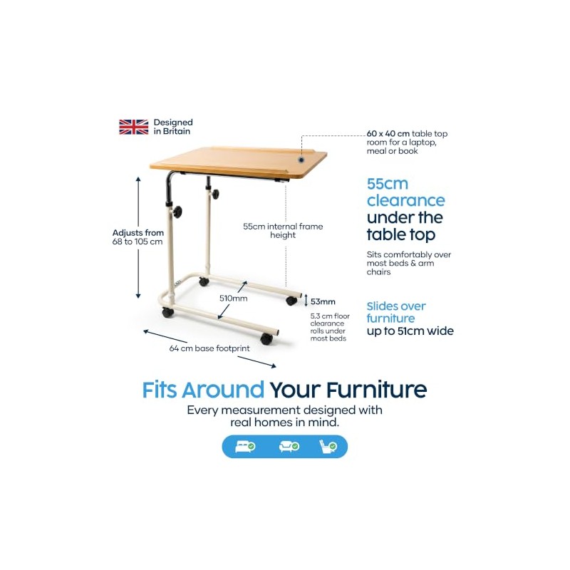 Eazy Overbed Table with Wheels, Adjustable height Bed Table for