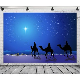 CORFOTO Night Nativity Scene Backdrop Christmas Story Three Wise Men Bethlehem Star Desert Camels Photo Background for Christian Religious Church Christmas Theme Party Decorations Photoshoot Props
