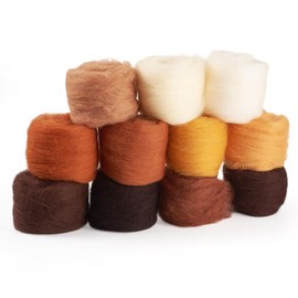 Beadthoven 11 Colors Felting Wool Roving Gradient Color Needle Felting Wool Roving Yarn Fiber for DIY Hand Spinning, Wet Felt, DIY Craft Brown 55G