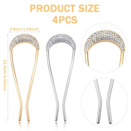 4PCS U Shaped Metal Hair Fork Clips,Vintage French Rhinestone Elegant Hair Prong Styling Pins for Girls, Hair Styling Accessories for Bridal Braided Curly hair, Wedding Daily