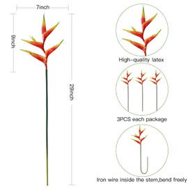 AtHomeYuyue 29" Artificial Heliconia 3pcs Faux Bird of Paradise Fake Tropical Flowers for Vase Bouquets Home Office Wedding Decor(Orange)