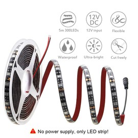 ALITOVE 16.4ft 5050 Blue LED Flexible Strip Ribbon Light Black PCB DC 12V 5M 300 LEDs Waterproof IP65 for Home Garden Commercial Area Lighting, Without Power Supply