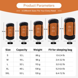 OMVMO Sleeping Bag Stuff Sack, 11L/18L/30L/45L/52L Water-Resistant Compression Sack,Anti-Tear Ultra Light Nylon Storage Bag，Black/Yellow/Orange/Dark Blue/Dark Green/Sky Blue (Orange, M/19L)