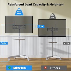 BONTEC Mobile TV Stand, Tilt Rolling TV Cart with Media Shelf and Locking Wheels, Fits 23-60” LED, LCD, OLED Flat Curved TVs, Holds Up to 88lbs, Max VESA 400x400mm, White