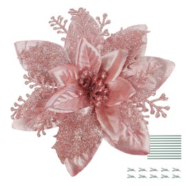 RECUTMS 10 Pcs Christmas Glitter Artificial Poinsettia Flowers 6inch Christmas Tree Decoration Christmas Wreath Holiday Seasonal Decorations (Rose Gold, 6inch)