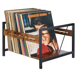 Edergoo Retro Vinyl Record Storage Rack, Metal & Wood Record Holder with Adjustable Dividers, Holds 80–100 Albums, Desktop Organizer for Records, Books & Files