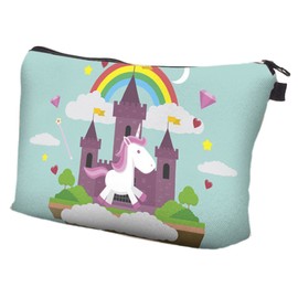 PREMYO Cosmetic Bag Small for Handbag - Makeup Bag Women's Make Up Bag - Pencil Case Girls Case Pens, Unicorn & Castle, Cosmetic bag