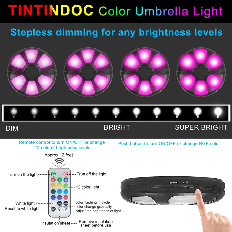 TINTINDOC Color Umbrella Light with Remote, Outdoor/Patio Umbrella Light, Rechargeable/AA