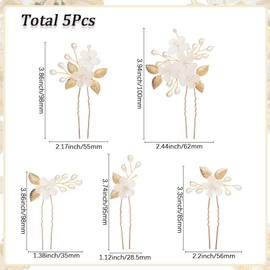 CABODYALS Pack of 5 Hair Pins with Acrylic Flowers and Pearls Golden Clips Headdress Set Glittering Golden Petals Beads Rhinestone Decorative Hair Clip Bobby Shape Forks in U Shape for Women Wedding