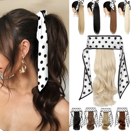 Qunlinta Ponytail Extension Hair Extensions Ponytail 18" Curly Wavy Ponytail Extension Straight Clip in Ponytail Extension Synthetic Hair Pieces for Women Girls Bleach Blonde