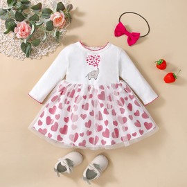 Loalirando Toddler Baby Girls Valentine' s Day Outfits Long Sleeve Crewneck Elephant Heart PrintedA-Line Tutu Dress+ Cute Headband Set (White, 18-24 Months)