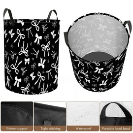 ZNIENIE Black White Bow Large Laundry Basket Foldable with Handles Waterproof Oxford Cloth Laundry Hamper Clothes Storage Bucket Toy Organizer for Home Bathroom Bedroom Dorm Nursery 19.7" X 15.7"