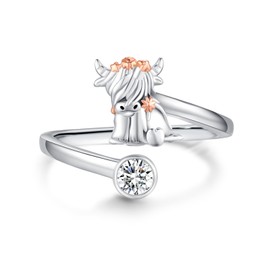 MOPOPOK Highland Cow Ring for Women S925 Sterling Silver Adjustable Highland Cow Open Ring Cubic Zirconia Scottish Highland Cow Jewelry Gifts for Animal Lover Birthday