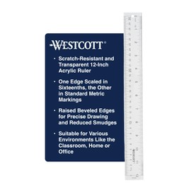Westcott Acrylic Clear Ruler, Easy-to-Read Markings, Scratch-Resistant Design, Raised Beveled Edges, for Crafting, Office, Classroom, Back to School Supplies, 12-Inch