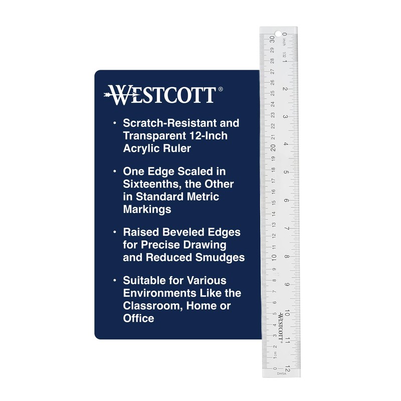 Westcott Acrylic Clear Ruler, Easy-to-Read Markings, Scratch-Resistant Design, Raised Beveled