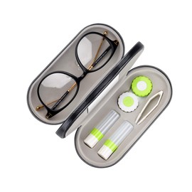 Muf 2 in 1 Double Sided Portable Contact Lens Case and Eyeglasses Case,Dual Use Design with Built-in Mirror,Tweezer and Contact Lens Solution Bottle Included for Travel Kit(Green)