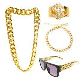 4Pcs 80s 90s Hip Hop Costumes Outfit Kit Fake Gold Chain Money Chain Dollar Sign Finger Ring Link Twist Leg Flat Top Sunglasses Punk Necklace Accessories for Rapper DJ Punk Men Women