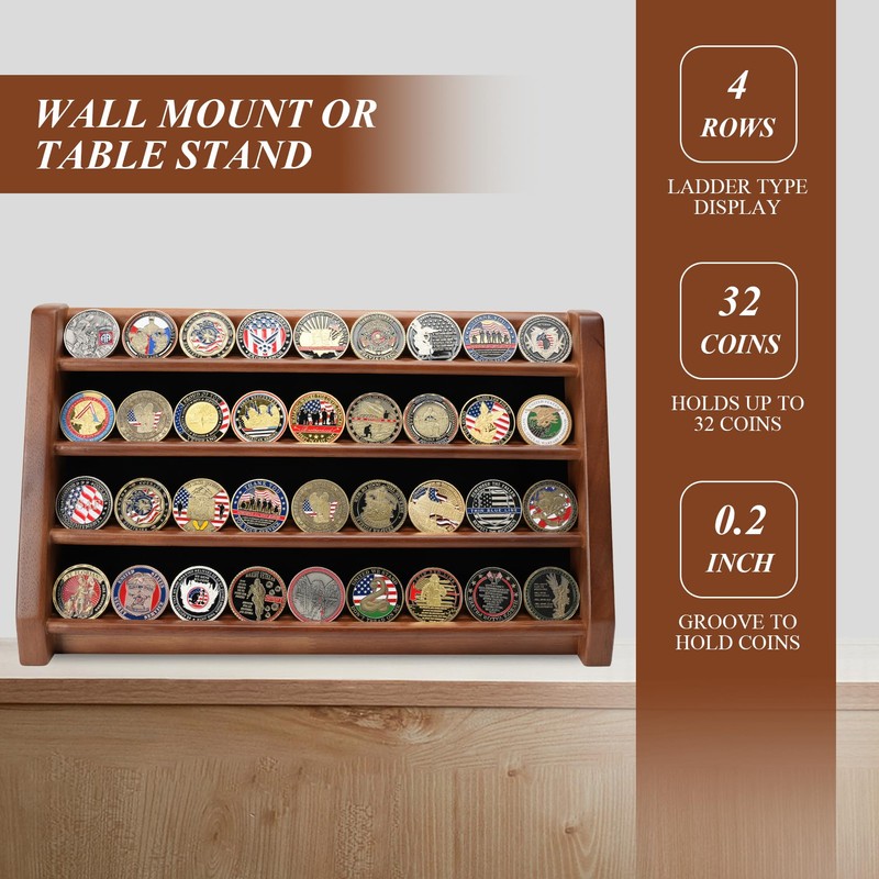 DecoWoodo Challenge Coin Display Case, 4 Row Solid Wood Military