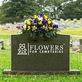 Sympathy Silks Artificial Cemetery Flowers – Realistic Vibrant Tulips, Outdoor Grave Decorations - 30" Blue Tulip White Iris Saddle for Headstone