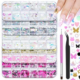 5 Boxes 60 Colors Holographic Nail Art Sequins Kit, Iridescent Sparkle Laser Hollow 3D Star Butterfly Heart Round Mixed-shapes Nail Glitter Flakes for Manicure Body Makeup Craft DIY (2-colorful-kit2)
