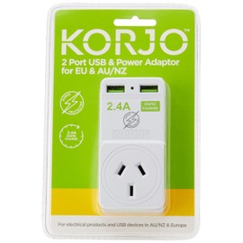Korjo EU USB Power Adaptor, 2X USB Sockets, 1x AUS/NZ Socket, for Europe