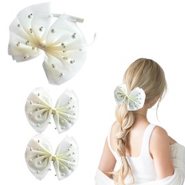 3 Pcs Pearl Hair Accessories, Flower Girl Hair Accessory, Elegant Pearl Hair Bows Clips and Headband for Women and Girls, White Lace Tulle Veil Bow Headband Suitable for Wedding, Birthday