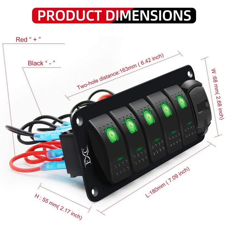 FXC 12V 24V DC 5 Gang Rocker Switch Aluminum Panel