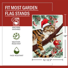Stosts Christmas Sleeping Tabby Cat Decorative Garden Flag, Xmas Pine Branch Red Berry Yard Outside Home Decor Pet Owner Lover Gift, Winter Holiday Burlap Outdoor Small Decoration Double Sided 12 x 18