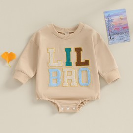 Twopumpkin Newborn Baby Boy Little Brother Onesie Sweatshirt Bubble Romper Fall Winter Clothes Sister Matching Outfits (Lil Bro Romper, 0-3 Months)