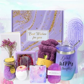 Regalos de Cumpleaños para Mujeres, Regalos del Día de la Madre Canasta de Spa Relajante para Mujer, Caja de Regalos para Mejorar Pronto, Fabulosa Taza de Cumpleaños para Ella Amiga,Mamá,Hermana,Novia (M, Púrpura)