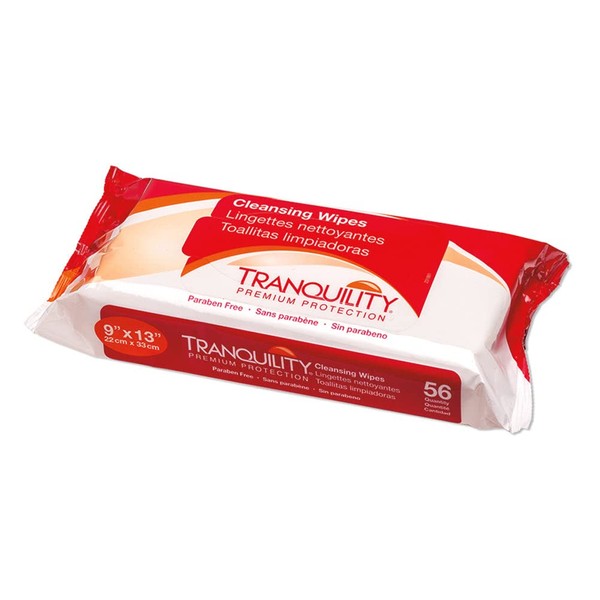 Tranquility Cleansing Wipes, Adult Size Disposable Cleansing Cloths, HypoAllergenic, Paraben-Free and Alcohol-Free, Enriched with Aloe Vera & Vitamin E, Mild Scented, 9"x13", 56ct Bag