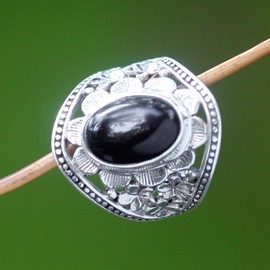 NOVICA Artisan Crafted Sterling Silver Flower Cocktail Ringe | Onyx Gemstone | Waterfall Jewelry | Combination Finish | Hypoallergenic Jewelry| Lead & Nickel Free | Indonesia 'Frangipani Mystery'