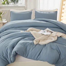 Litanika Oversized King Comforter Set Grayish Blue Super King Plus Size, 3 Pieces Lightweight Solid Bedding Comforter Set, All Season Fluffy Bed Set (128x120In Comforter & 2 Pillowcases)
