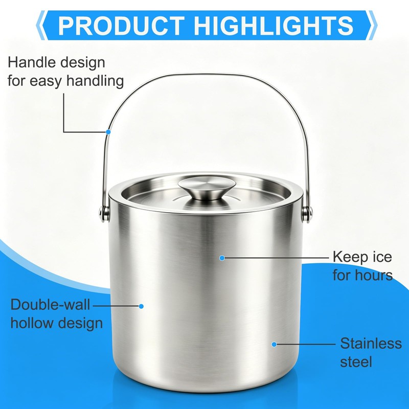 Stainless Steel Ice Bucket,3L Insulated Ice Bucket With Lid &
