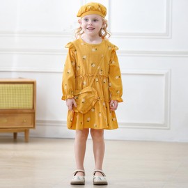 Toddler Girl Dress Kids Long Sleeve Ruffle Dresses Fall Winter Outfit Hat Bag Floral Girls Casual Playwear Dress