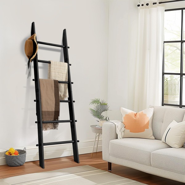 TEAKMAMA 6-Tier Blanket Ladder with Hanging Knobs, 5.5 Ft Wall