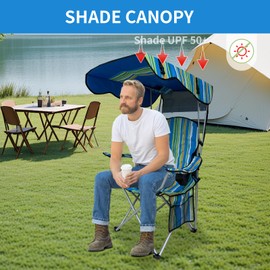 A AIKOOL Camping Chair with Canopy-Portable Folding Outdoor Chair Adjustable Sun Shade, Cup Holder & Side Pockets for Beach, Fishing, Picnic,Lawn -Multi