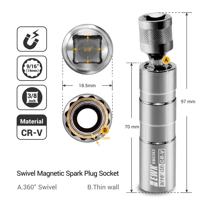 EWK 9/16" (14mm) Swivel Magnetic Spark Plug Socket, 3/8" Drive