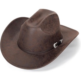 HilyBony Western-Cowboy-Hat for Women Men Wide-Brim - Classic Roll-Up PU-Leather-Fedora-Hat with Buckle Belt