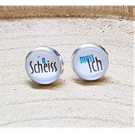 HAPPY CROWNS Stainless Steel Stud Earrings Silver Round 10 mm Cabochon Earrings N Scheiss muss ich Jewellery Unique Piece from Germany Nickel-Free Earrings Handmade