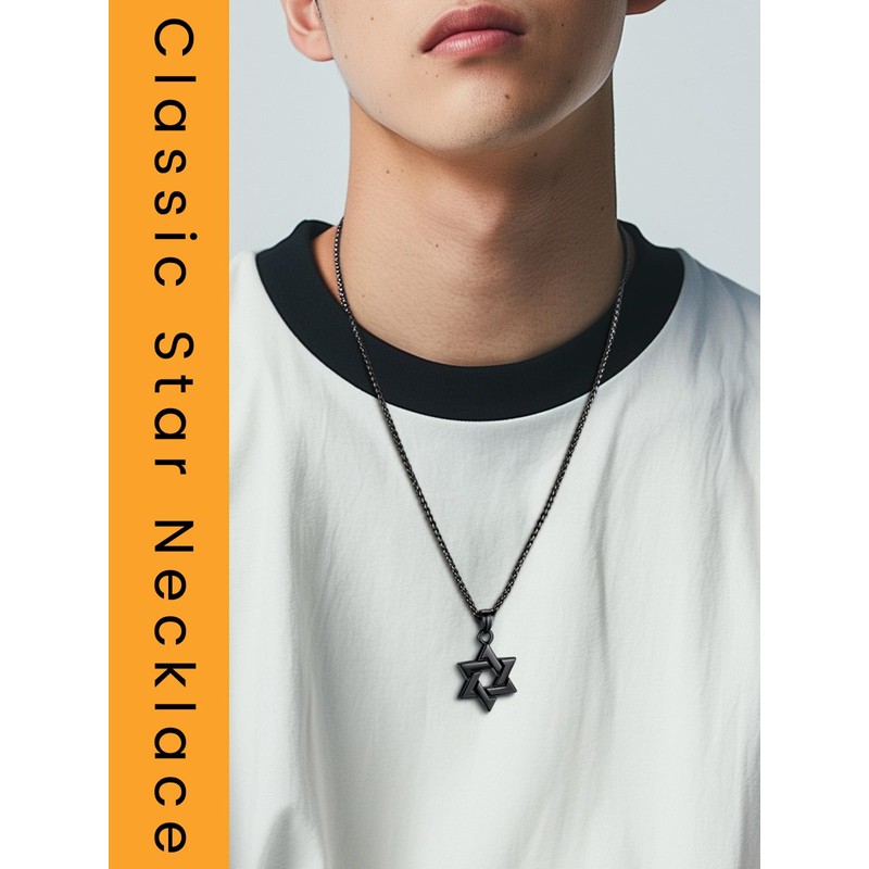 Bestyle Men's Necklace, Hexagonal Star Pendant, David Star, Stainless Steel,