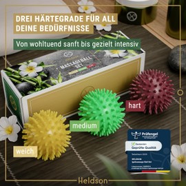 HELDSON HELDSON® Premium Massageball Set [3 Härtegrade]- Igelball Fußmassage hart, weich - Noppenball - Igelbälle klein - Faszienball Rücken - Massage Ball Faszien - Massageball Fuß - Stachelball Noppen